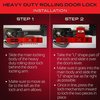 The Equipment Lock Company Heavy Duty Rolling Door Lock secures the locking handle of a roll-up door in the downward position HDRDL-RK